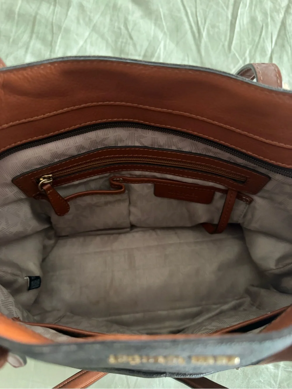 Michael Kors Brown Signature MK Tote with Tan Leather Straps